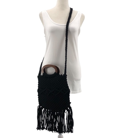 Danielle Nicole Black Fringe Macrame Crochet Boho Hippie Crossbody Satchel Bag - Picture 4 of 7